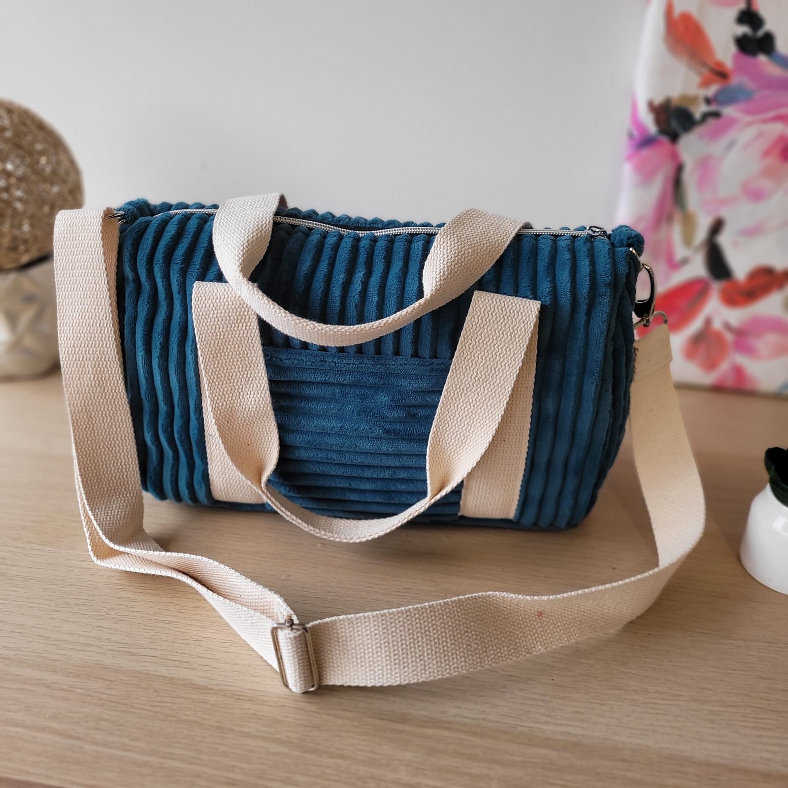 Sac Week end velours grosses côtes bleu – Image 4