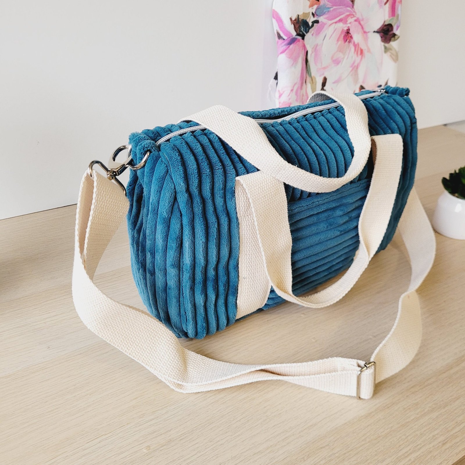 Sac Week end velours grosses côtes bleu – Image 7